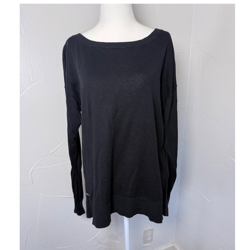 Lacoste Silk Cotton Boat Neck Sweater Black Relaxed Pullover Croc Logo M